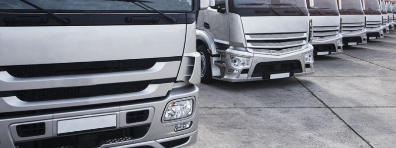 Group of trucks parked in a row.